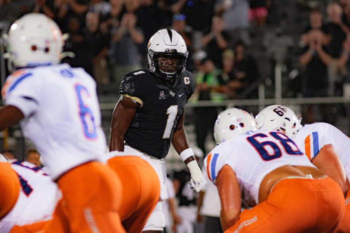Big Kat Bryant (#1) will be attempting to set the edge against a versatile Louisville rushing attack.